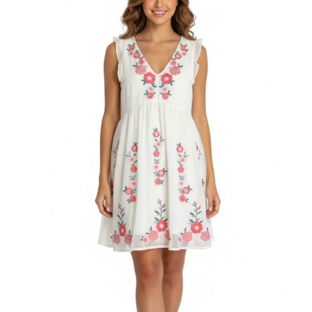 Savannah Jane Women's White ChiffonEmbroidered V-Neck Ruffle Sleeve Dress Size S